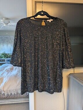 Stunning L. Love Black Sequin Round Neck Bell Sleeves Lined Top - 2XL